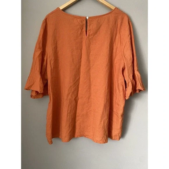 Cynthia Rowley Linen Blouse Women's Size 1X Flutter Bell Sleeve Scoop Neck - Picture 2 of 7